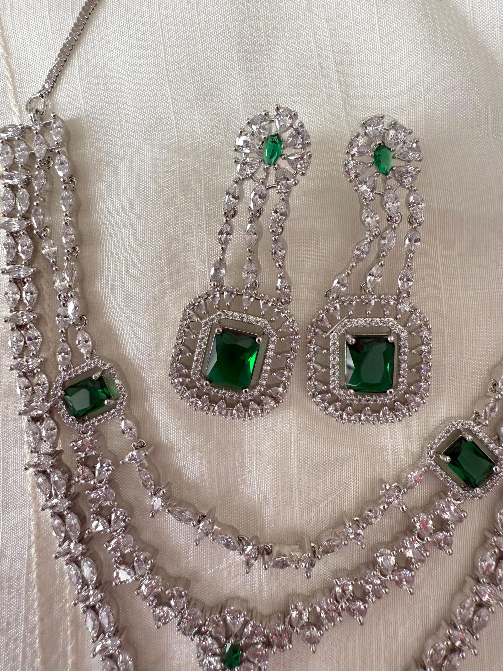 Emerald Green Bridal Jewelry Set | Triple Layer Crystal Necklace & Earrings | Asian Wedding Set - Image 3