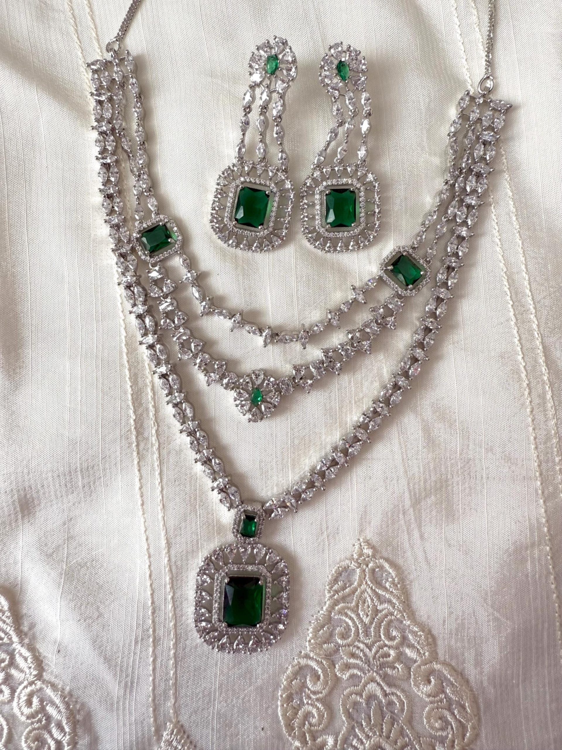 Emerald Green Bridal Jewelry Set | Triple Layer Crystal Necklace & Earrings | Asian Wedding Set - Image 4