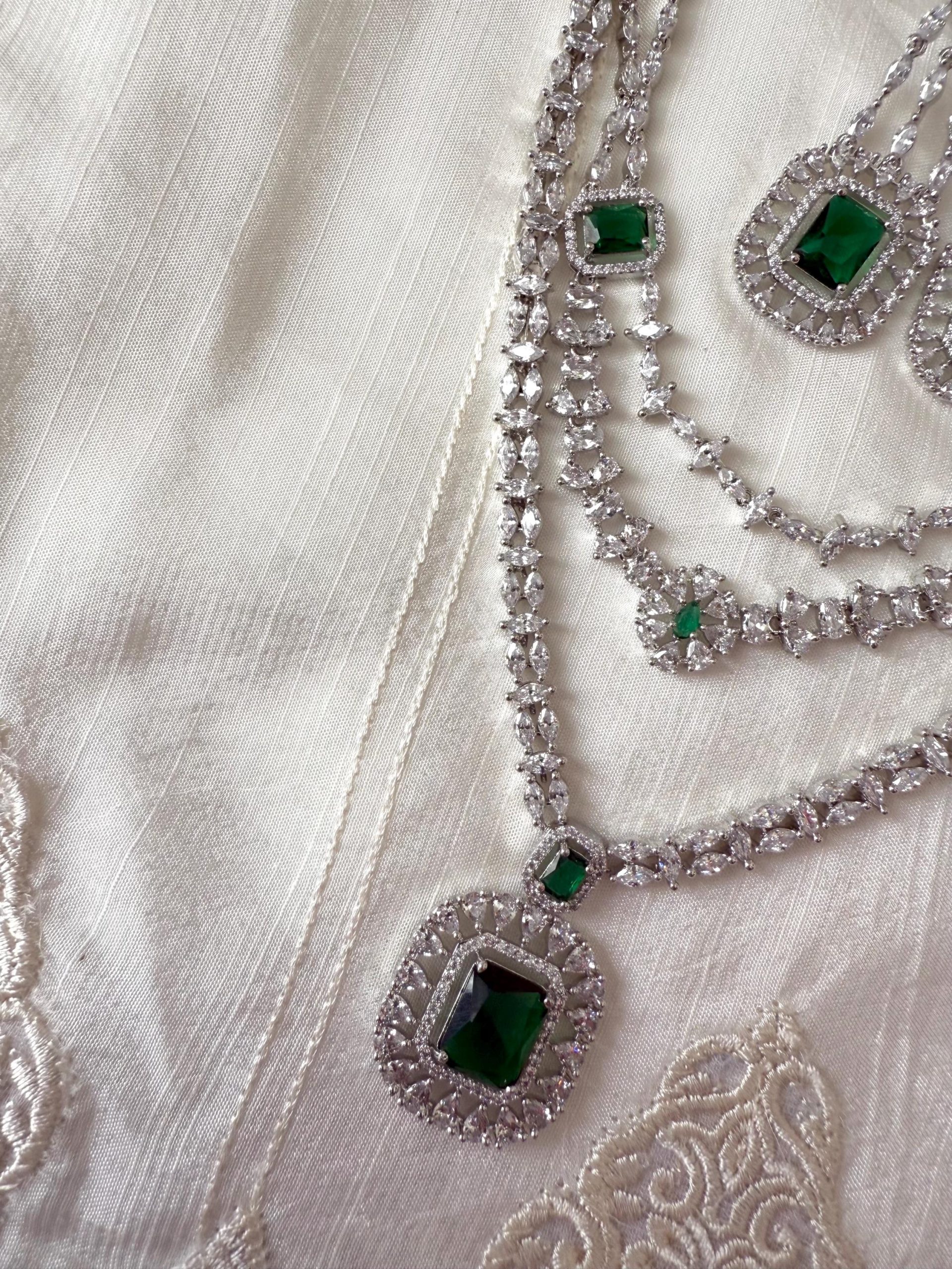 Emerald Green Bridal Jewelry Set | Triple Layer Crystal Necklace & Earrings | Asian Wedding Set - Image 2