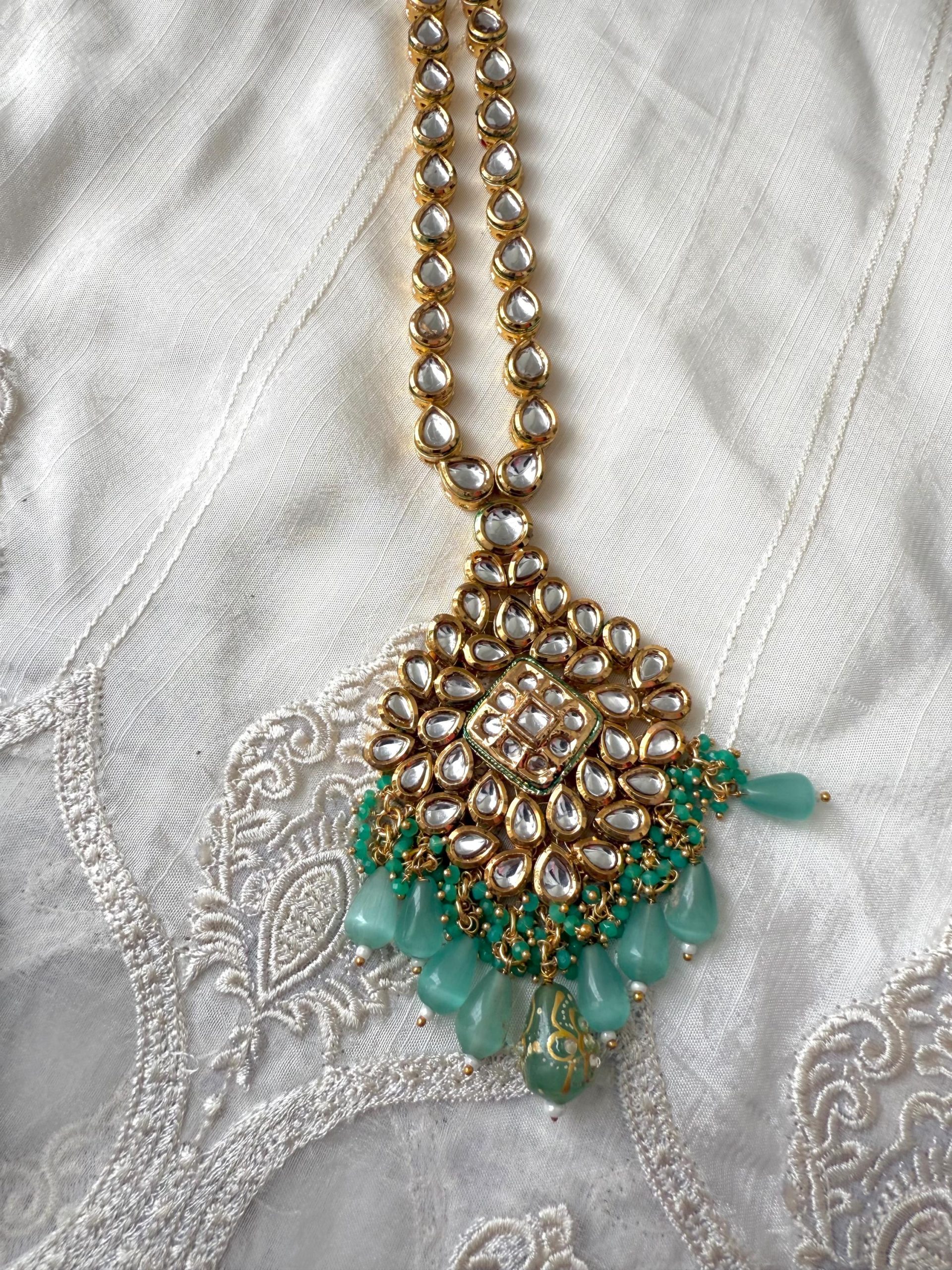 Mint Green Kundan Necklace Set | Indian Gold Jewelry for Mehndi & Nikah | Traditional Bridal Set - Image 2