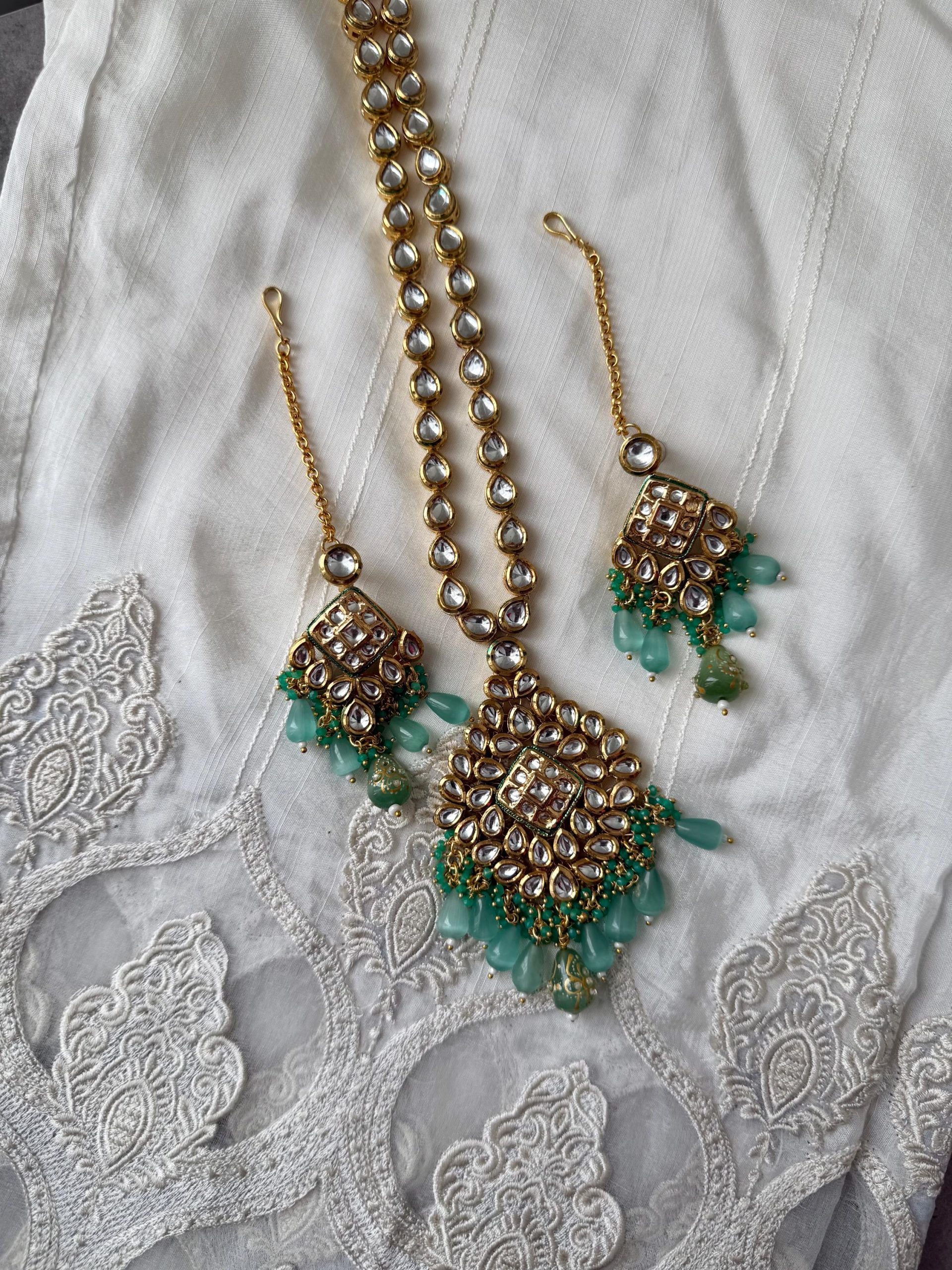 Mint Green Kundan Necklace Set | Indian Gold Jewelry for Mehndi & Nikah | Traditional Bridal Set