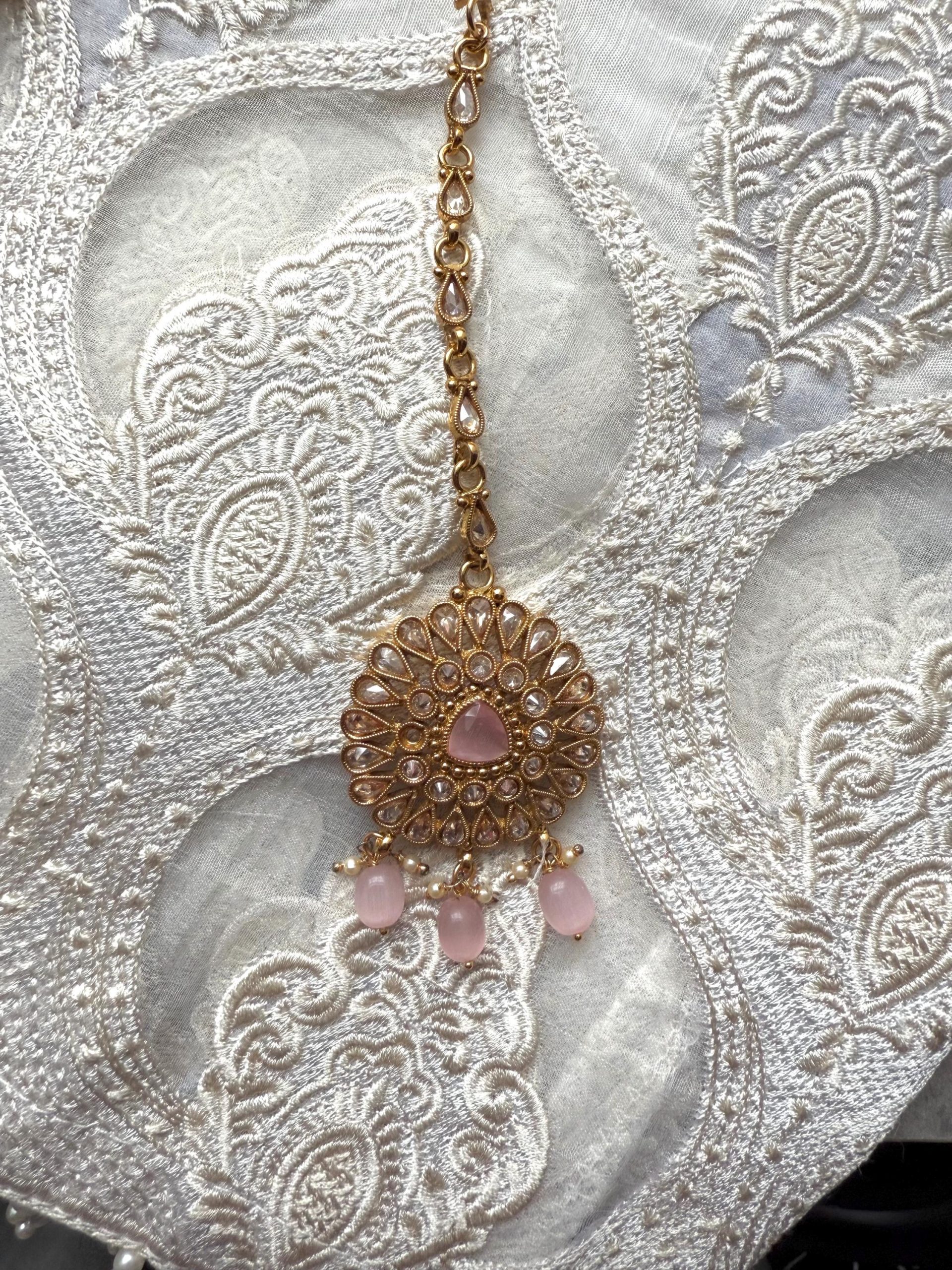 Pink Bead Kundan Bridal Jewelry Set | Indian Wedding Necklace Earrings Tikka | Gold Plated Polki Set | Dulhan Jewelry - Image 4