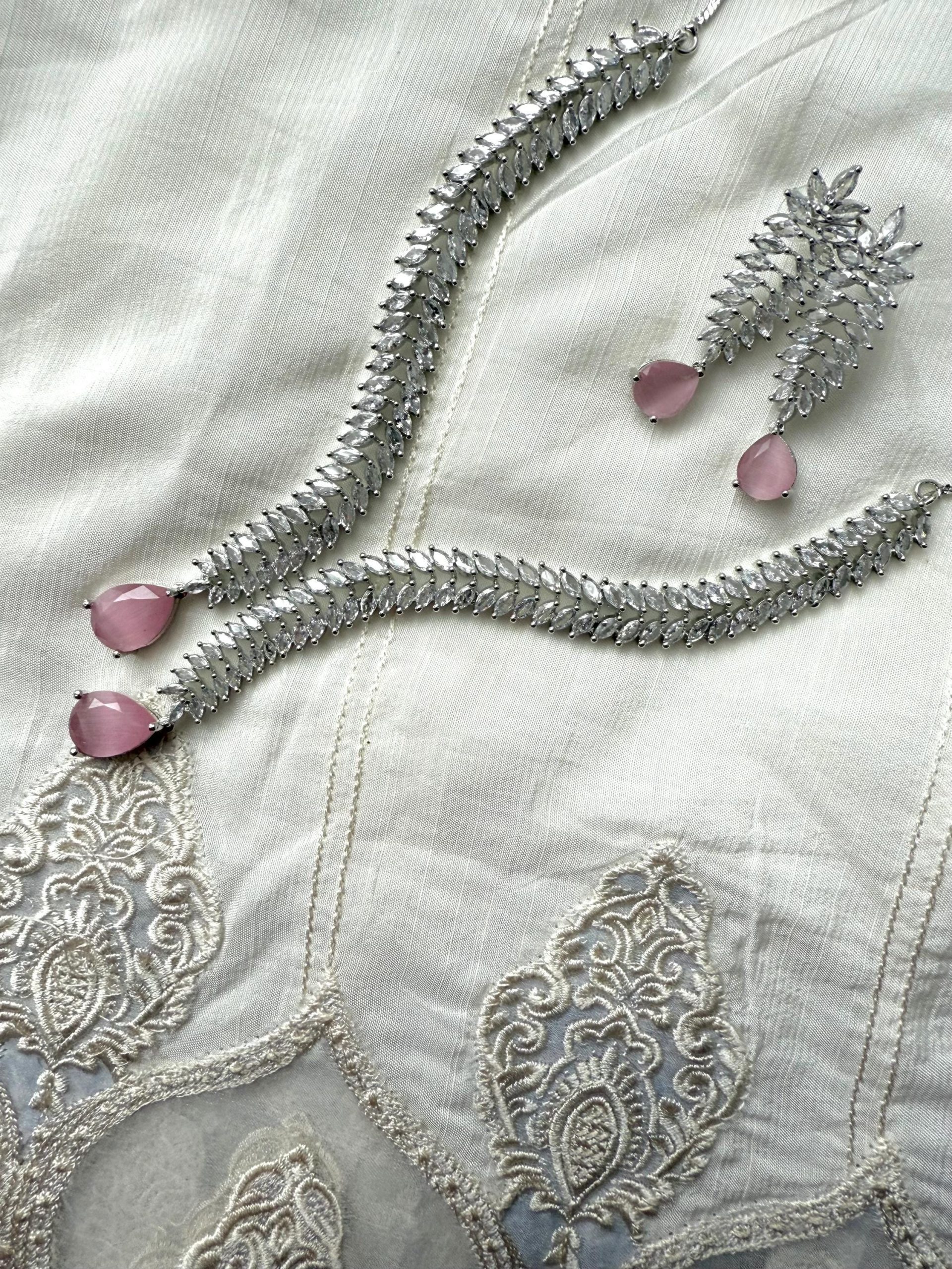 Silver CZ Necklace Set with Pink Drops | Sparkly Leaf Design Bridal Jewelry | Modern Asian Wedding Set | Crystal Jewelry - Image 5