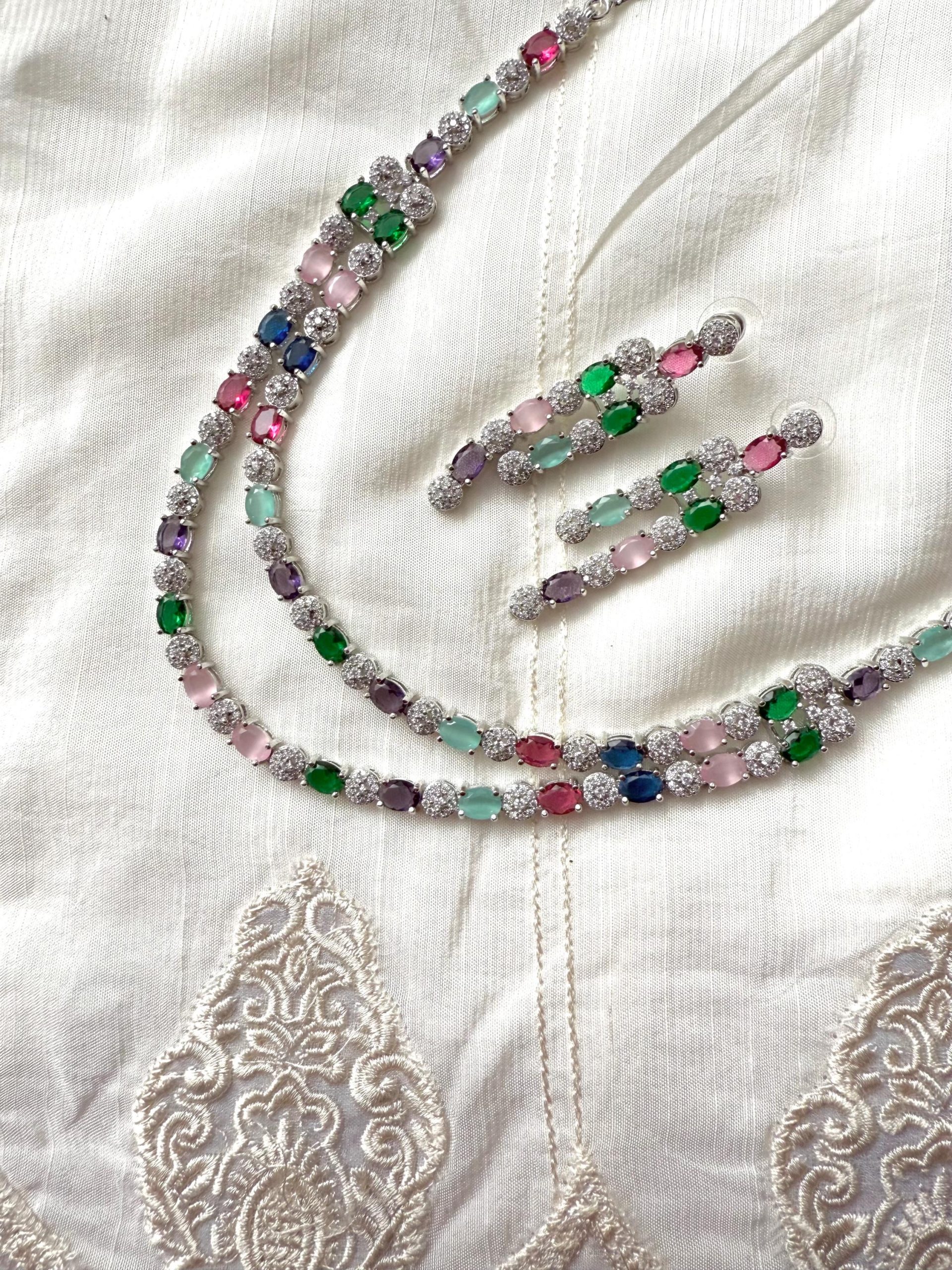 Colorful Gemstone Necklace Earring Set ? Bridal Statement Jewelry ? Multicolor Crystal Choker ? Indian Wedding Jewelry Set ? Gift for Her