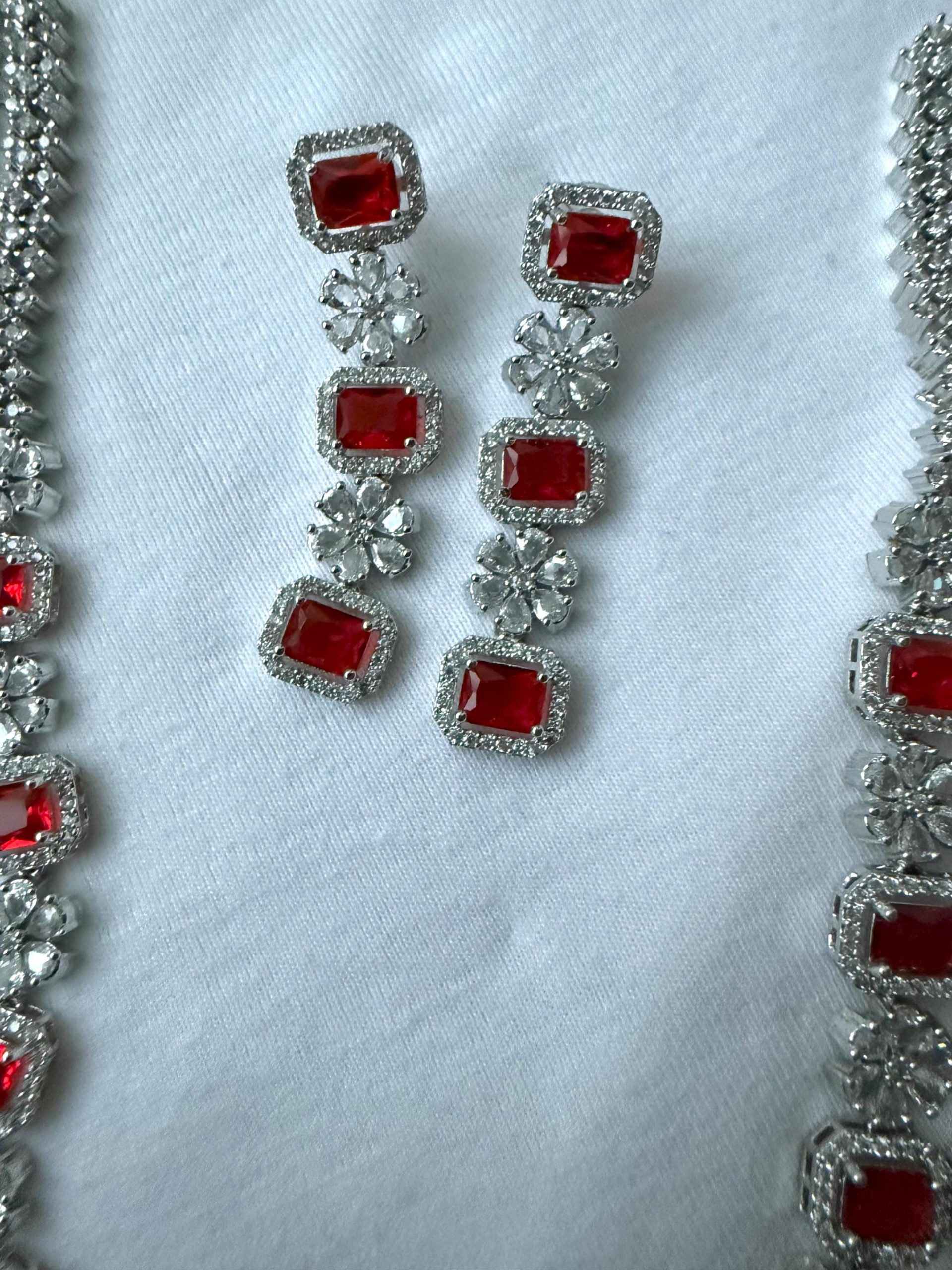Red Crystal Floral Necklace & Earrings Set | Silver Bridal Statement Jewelry | Wedding Party Necklace Set | Elegant Gift for Her - Image 2