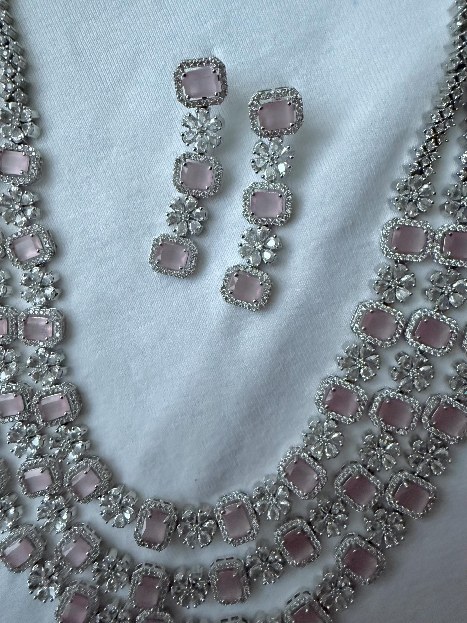 Light Pink Crystal Floral Necklace & Earrings Set | Silver Multi-Layer Bridal Jewelry | Wedding Party Statement Necklace | Gift for Her - Image 2